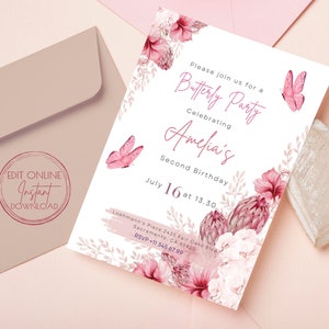 Butterfly Second Birthday Invitation: Pink Floral Template (Digital Download)