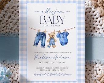 May include: Baby shower invitation with a blue gingham border. The invitation features the text "a blue jean BABY IS ON THE WAY" with illustrations of baby clothes and a teddy bear. Details include the honoree's name, date, time, and RSVP information.