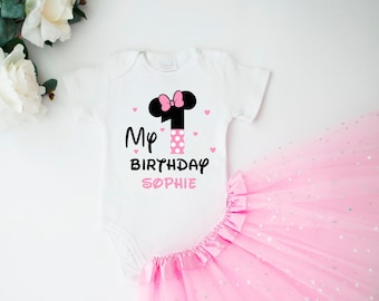 Custom Minnie Mouse 1st Birthday Outfit - Pink and Black design with Pink Tutu Skirt.