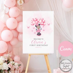 Editable Minnie Mouse Welcome Sign, Pink Minnie First Birthday Sign, Printable Minnie Party Welcome Poster,  Editable Canva Template