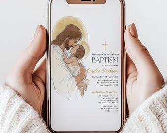 Baptism Phone Invitation, Christening Digital Invite, Editable Canva Mobile Evite, Religious Baptism Invitation