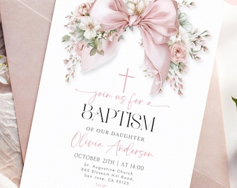 Elegante invito per battesimo e battesimo - Invito stampabile per bambina con fiori, modello Canva modificabile, download digitale 25BA07