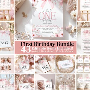 Isn’t She ONEderful Birthday Bundle, 43 Pink Bow Coquette Templates, First Birthday Suite, Girl 1st Bday Decor, Editable Canva