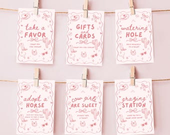 Placas para festa de primeiro rodeio, decoração de aniversário de vaqueira rosa (modelo em tela, download instantâneo)