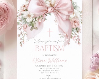 Invito per battesimo con fiocco rosa floreale per bambina, modello Canva modificabile (stampabile + invito telefonico)