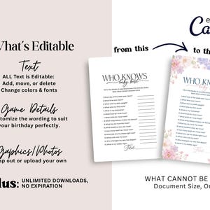 Pode incluir: Um modelo de convite digital com o texto "WHO KNOWS baby best" em uma fonte de script. O modelo &eacute; mostrado em duas vers&otilde;es: um fundo branco liso e um design floral. O texto "What's Editable" e "Game Details" tamb&eacute;m s&atilde;o vis&iacute;veis.
