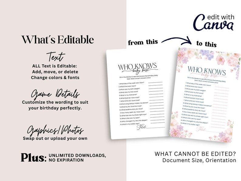 Pode incluir: Um modelo de convite digital com o texto "WHO KNOWS baby best" em uma fonte de script. O modelo &eacute; mostrado em duas vers&otilde;es: um fundo branco liso e um design floral. O texto "What's Editable" e "Game Details" tamb&eacute;m s&atilde;o vis&iacute;veis.