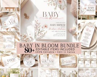 Baby in Bloom Baby Shower Invitation Bundle, Floral Boho Girl Baby Shower Decorations, Baby in Bloom Wildflower Baby Shower Editable Games