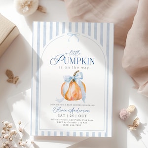 Little Pumpkin Baby Shower Invitation, Blue Bow Pumpkin Baby Boy Fall Shower Invite, A Little Pumpkin Is On The Way Canva Template