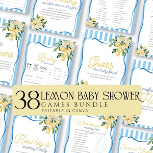 May include: A collection of 38 baby shower games with a lemon theme. Each game card features a blue and white striped border, lemon and floral decorations, and titles such as "Diapers" and "Guess the Baby Food". The text "38 Lemon Baby Shower Games Bundle" is visible.