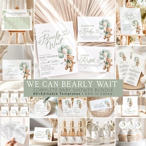 We Can Bearly Wait Baby Shower Bundle, 80+ Sage Green Teddy Bear Templates, Gender Neutral Forest Theme, Earthy Baby Suite, Editable Canva