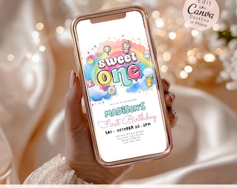 Kawaii Sweet One Birthday Evite, Candyland Phone Invitation