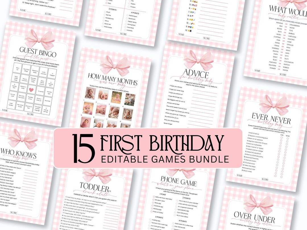First Birthday Games Bundle, Pink Gingham 1st Birthday Party Games ...