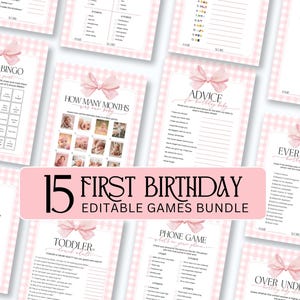 First Birthday Games Bundle, 1st Birthday Party Games, Editable Canva, Printable Girl Birthday Games, Pink Bow Gingham