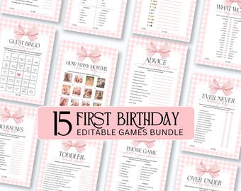 Pacote de Jogos para Aniversário de Um Ano, Jogos para Festa de Aniversário de 1 Ano, Canva Editável, Jogos de Aniversário para Menina para Imprimir, Xadrez Rosa com Laço