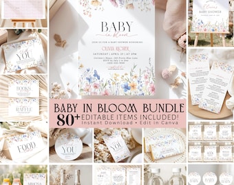Baby In Bloom Baby Shower Invitation Bundle, Wildflower Baby Shower Bundle, Editable Canva Templates, Games Signs Decor