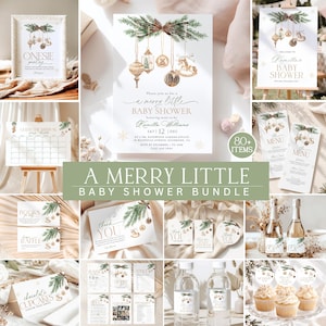 Könnte beinhalten: Ein Babyparty-Papeterie-Set mit dem Thema merry little baby shower, verziert mit Tannenzweigen, goldenen Ornamenten und einem Schaukelpferd. Enthält Einladungen, Menükarten, Dankeskarten, Spielkarten und Etiketten mit goldenem Text.