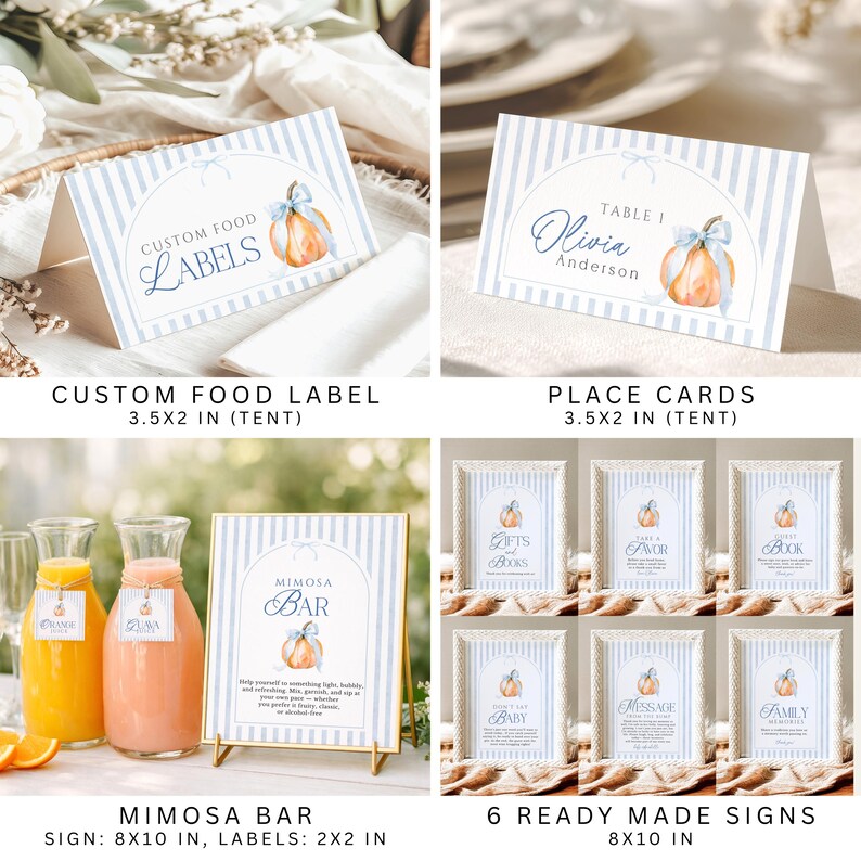 Puede incluir: Un conjunto de papeler&iacute;a para eventos con un patr&oacute;n de rayas azul claro y una ilustraci&oacute;n de calabaza en acuarela con un lazo azul. Incluye etiquetas de comida plegables de 8,9x5,1 cm, tarjetas de sitio, un letrero de 20,3x25,4 cm y seis letreros.