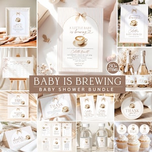 A Baby Is Brewing Coffee Baby Shower Invitation Bundle, Cafe Bebe, Brown Stripe & Bow, Editable Canva Templates