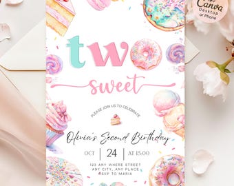 Verjaardagsuitnodiging voor twee zoete donuts: bewerkbare sjabloon voor verjaardagsuitnodiging (digitale download)