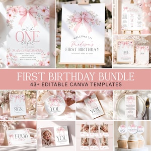 Isn’t She ONEderful Birthday Bundle, 43 Pink Bow Coquette Templates, First Birthday Suite, Girl 1st Bday Decor, Editable Canva