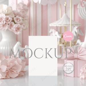Karussell Kartenmockup | Rosa weiße Blumen Vorlage | 5x7 Grußkarten-Anzeige | Sofort Download für Baby Mädchen Einladungen