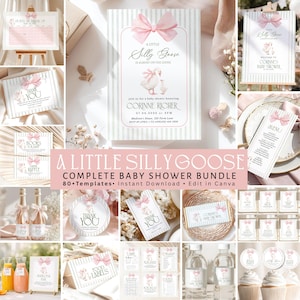 Silly Goose Baby Shower Bundle, Pink Bow Baby Girl Shower Decorations, Editable Canva Invitation, Games, Signs, Goose Theme