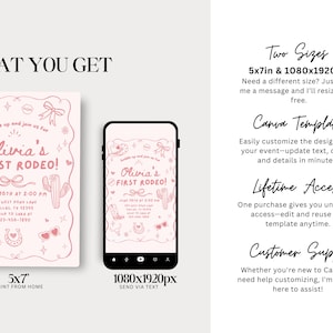 May include: Pink rodeo-themed invitation design with the text "Olivia's First Rodeo!" displayed on a 5x7 inch print and a smartphone screen. Includes cowboy boots, cactus, and horseshoe illustrations. The design is available in two sizes.