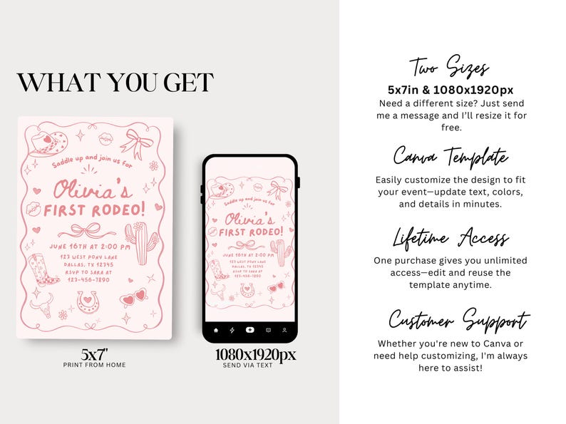 May include: Pink rodeo-themed invitation design with the text "Olivia's First Rodeo!" displayed on a 5x7 inch print and a smartphone screen. Includes cowboy boots, cactus, and horseshoe illustrations. The design is available in two sizes.