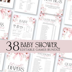 May include: A collection of 38 editable baby shower games. The games feature a soft pink floral design with a bow and include games like "Guess the Baby Food" and "Baby Predictions".