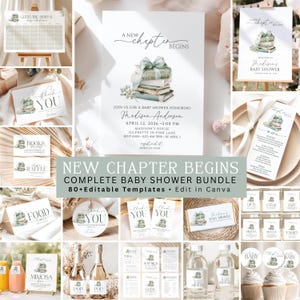 May include: A baby shower stationery set with a delicate, stylish design. The bundle includes invitations, thank you cards, menu cards, and signs. The theme features watercolour illustrations of books and greenery, with the text "A New Chapter Begins".