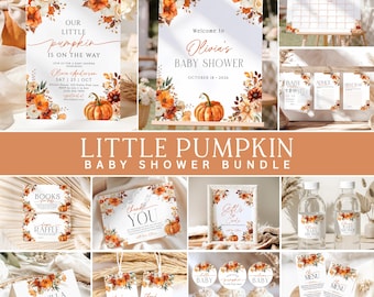 Little Pumpkin Baby Shower Bundle, Fall Baby Shower Canva Template, Autumn Floral Games & Decor