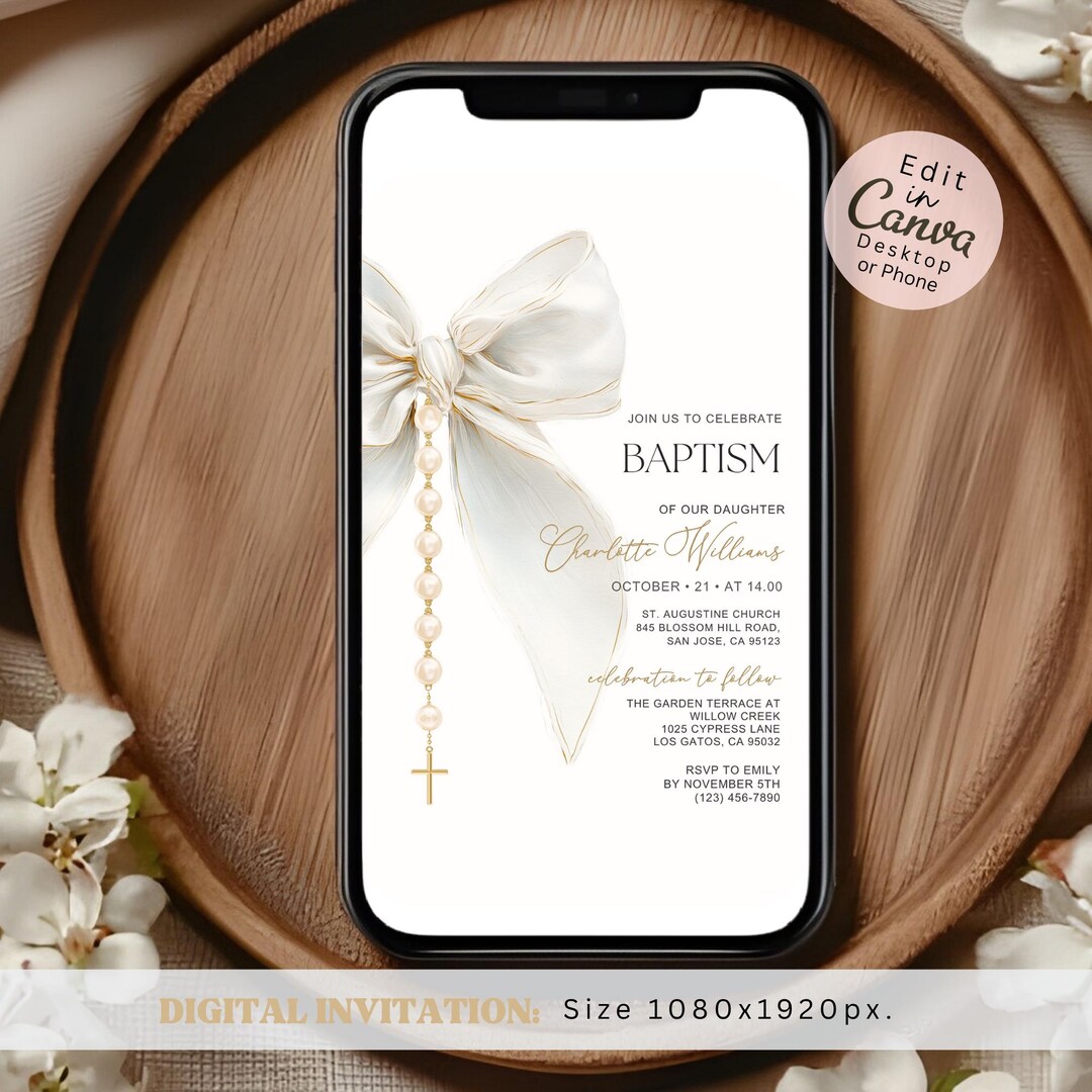 Digital Baptism Invitation Template, Editable Canva Einvite, White Bow