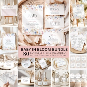 May include: A collection of baby shower stationery with floral designs. Includes invitations, signs, thank you cards, and more. The text "Baby in Bloom Bundle" and "80 Editable Items Included!" are visible.