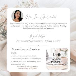 Puede incluir: Una tarjeta informativa blanca con un retrato circular de una mujer, el texto Hi I'm Gabriele y detalles sobre un servicio de edici&oacute;n para plantillas de Canva. Incluye una peque&ntilde;a imagen cuadrada con el texto i edit your BUNDLE.