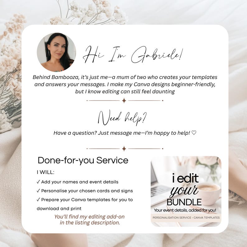 Puede incluir: Una tarjeta informativa blanca con un retrato circular de una mujer, el texto Hi I'm Gabriele y detalles sobre un servicio de edici&oacute;n para plantillas de Canva. Incluye una peque&ntilde;a imagen cuadrada con el texto i edit your BUNDLE.