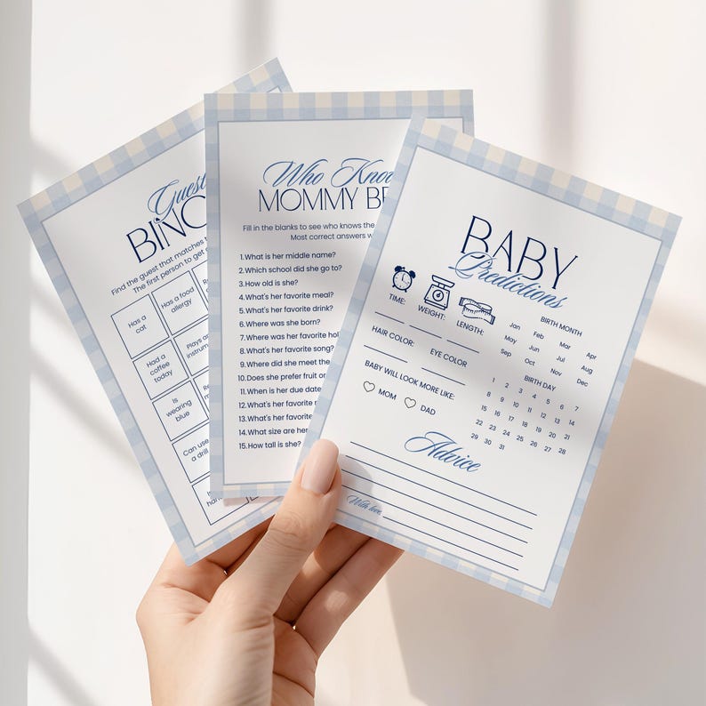 Blue gingham baby shower games set with printable baby predictions, guess how many, mommy best, bingo, late night diapers and advice for parents cards.