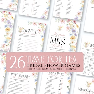 May include: A collection of twenty-six bridal shower game cards featuring a floral watercolor design with pink, yellow, and blue flowers. Each card includes black text with titles such as Don't Say Bride, Advice for the Bride, and Word Search.