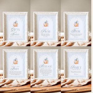 Blue Little Pumpkin baby shower table signs including gifts and books, favors, guest book and party signs with watercolor pumpkin and blue bow.