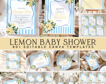 Lemon Baby Shower Bundle, Squeeze You Baby Shower, Lemon Shower Games, Mediterranean Baby Shower, Editable Canva Templates