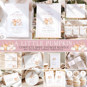 Może przedstawiać: Kolekcja szablonów papeterii na baby shower z jasnoróżowo-białym paskowanym tłem i akwarelowymi ilustracjami dyń. Zestaw zawiera znaki, karty, zawieszki i etykiety z napisem A LITTLE PUMPKIN IS ON THE WAY.