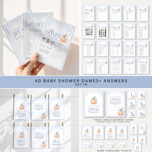 40 Little Pumpkin baby shower games and answer cards with blue bow pumpkin design, editable printable fall baby shower game bundle for boys.