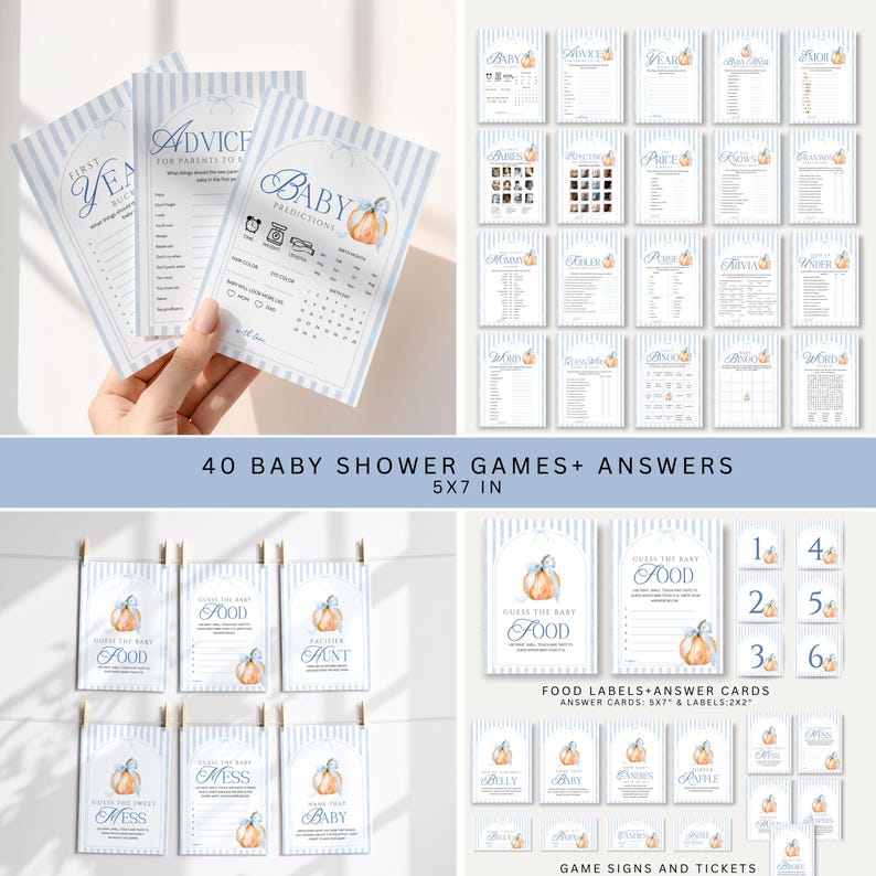 40 Little Pumpkin baby shower games and answer cards with blue bow pumpkin design, editable printable fall baby shower game bundle for boys.