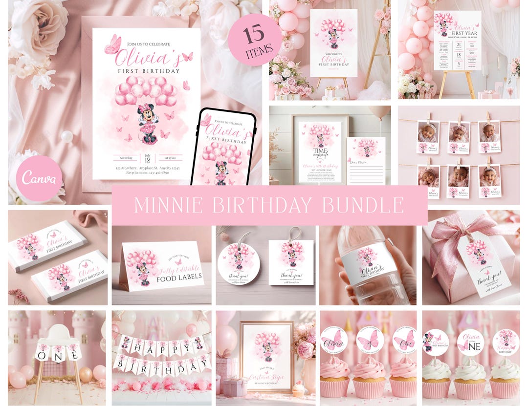 Pink Minnie Mouse Birthday Party Bundle: Editable Invitation ...