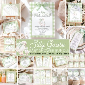 Silly Goose Baby Shower Bundle, Gender Neutral Sage Green Gingham Invite, Editable Games, Signs & Decor