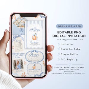 Blue Little Pumpkin baby shower phone invitation with watercolor pumpkin and blue bow, editable Canva digital invite for a fall baby boy shower.
