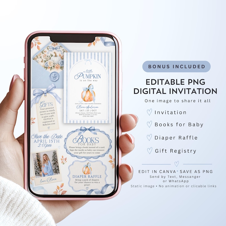 Blue Little Pumpkin baby shower phone invitation with watercolor pumpkin and blue bow, editable Canva digital invite for a fall baby boy shower.