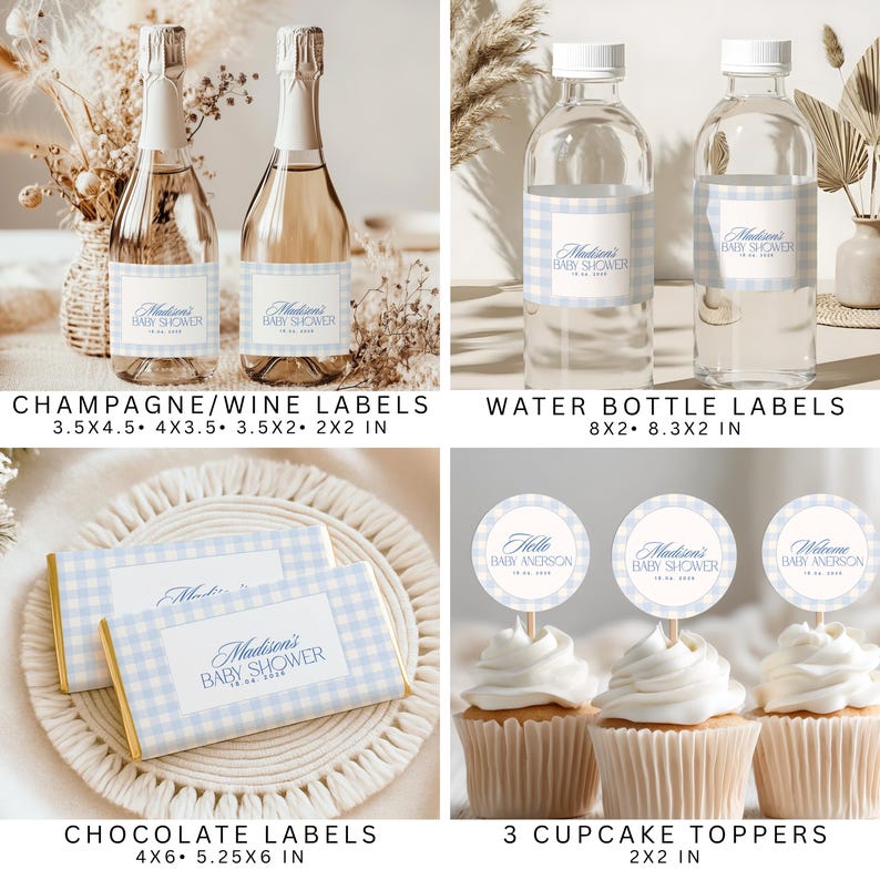 May include: A collection of baby shower party supplies featuring light blue gingham patterns and white labels with the text Madison's Baby Shower. Includes champagne labels, water bottle labels, chocolate bar wrappers, and round cupcake toppers.
