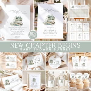 May include: A baby shower stationery bundle featuring a stack of watercolour books with a sage green ribbon. The collection includes invitations, signs, thank you tags, cupcake toppers, and water bottle labels, all displaying the text A New Chapter Begins.