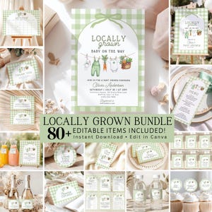 Könnte beinhalten: Eine Sammlung von Babyparty-Papeterie und Dekorationen mit einem grün-weißen Vichy-Muster. Das Thema ist "Locally Grown" und umfasst Einladungen, Dankeskarten und Menükarten. Das Bundle enthält über 80 bearbeitbare Artikel.